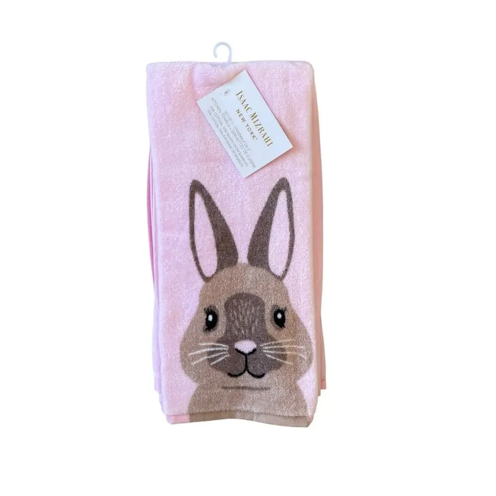 ISAAC MIZRAHI Pink Bunny Rabbit Cotton Kitchen Towels 19x28 Set of 3 Spring New